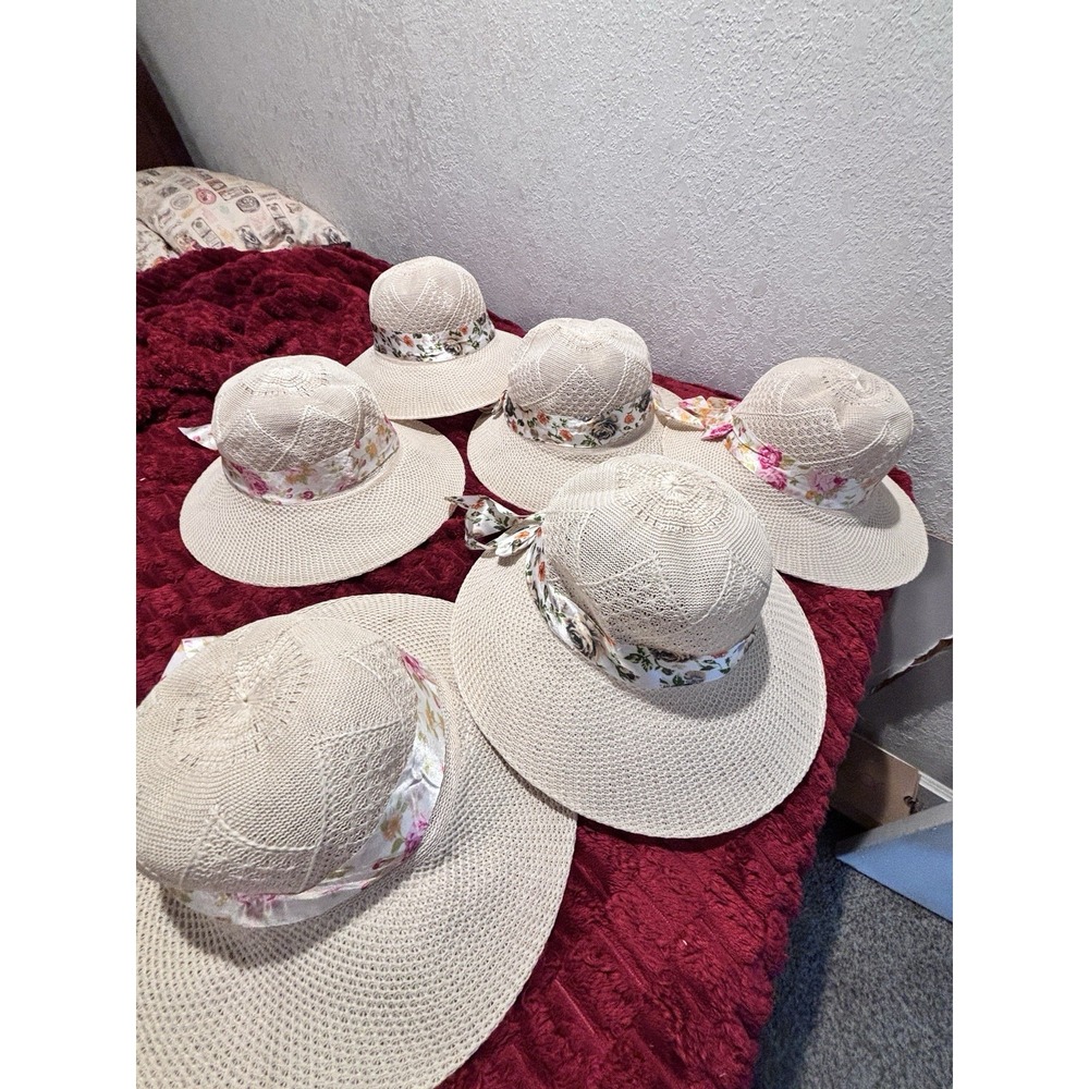 6 Woven Sun Hats Floral Ribbon 12" Brim Great For Tea Party Beach Cruise (desc)